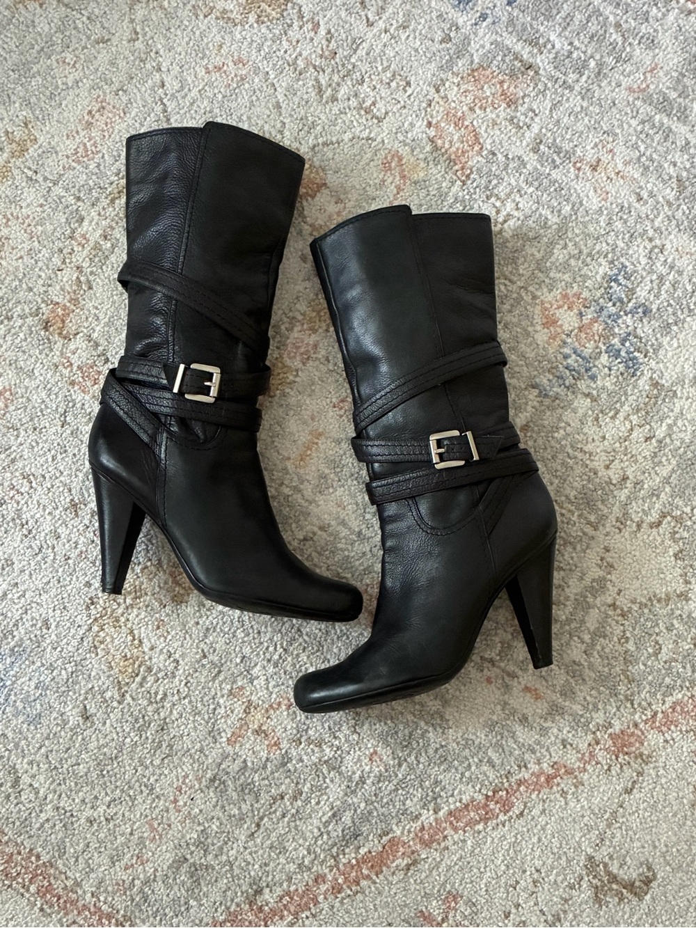 BCBGirls Black Mid-Calf Buckle Strap Heeled Leather Boots Size 10 - 90’s Biker